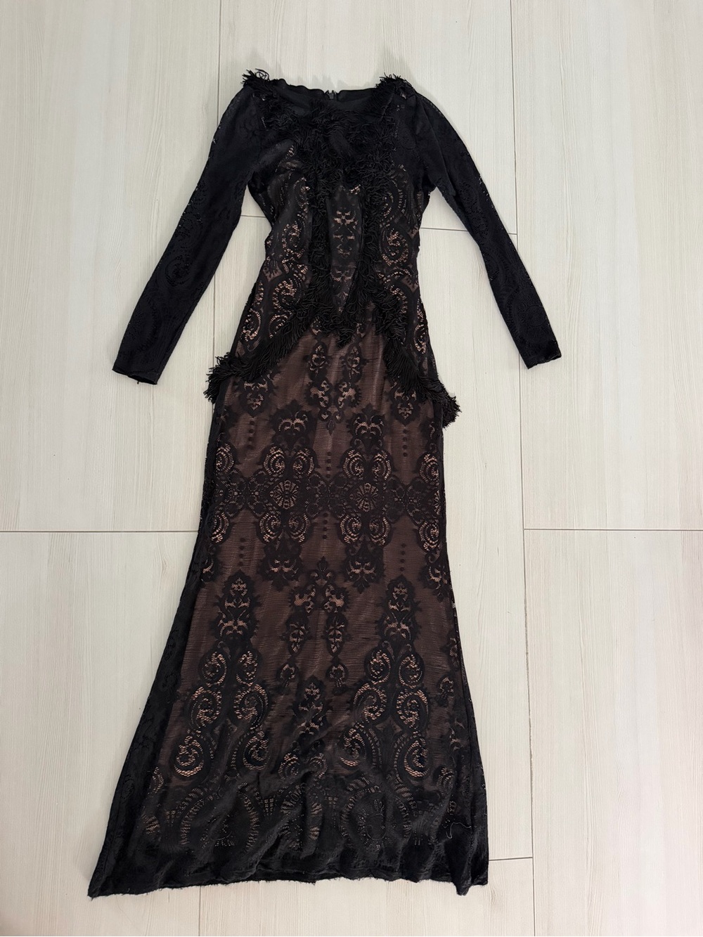 BCBGMaxAzria Black Lace Long-Sleeve Feather-Trim Maternity Gown